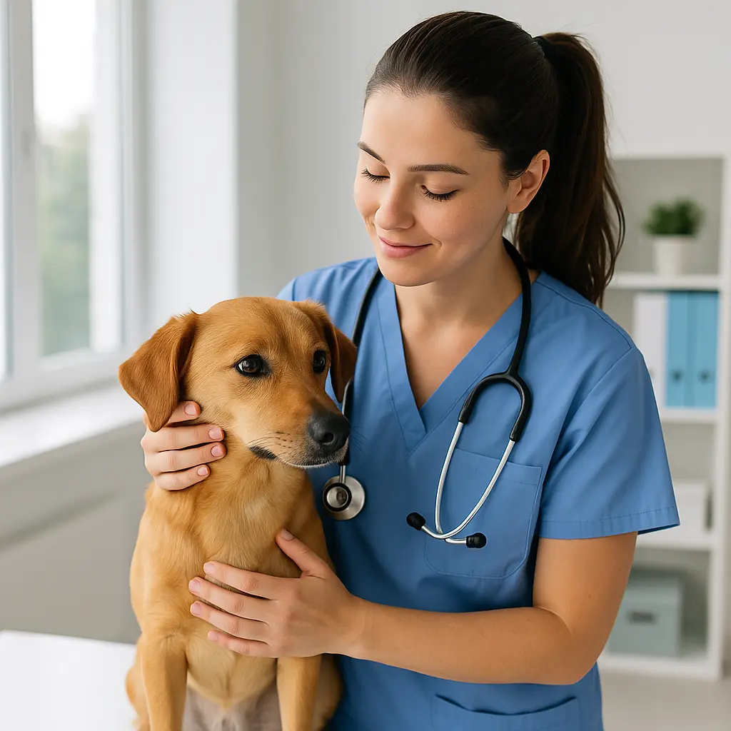 Veterinaria cuidando perro